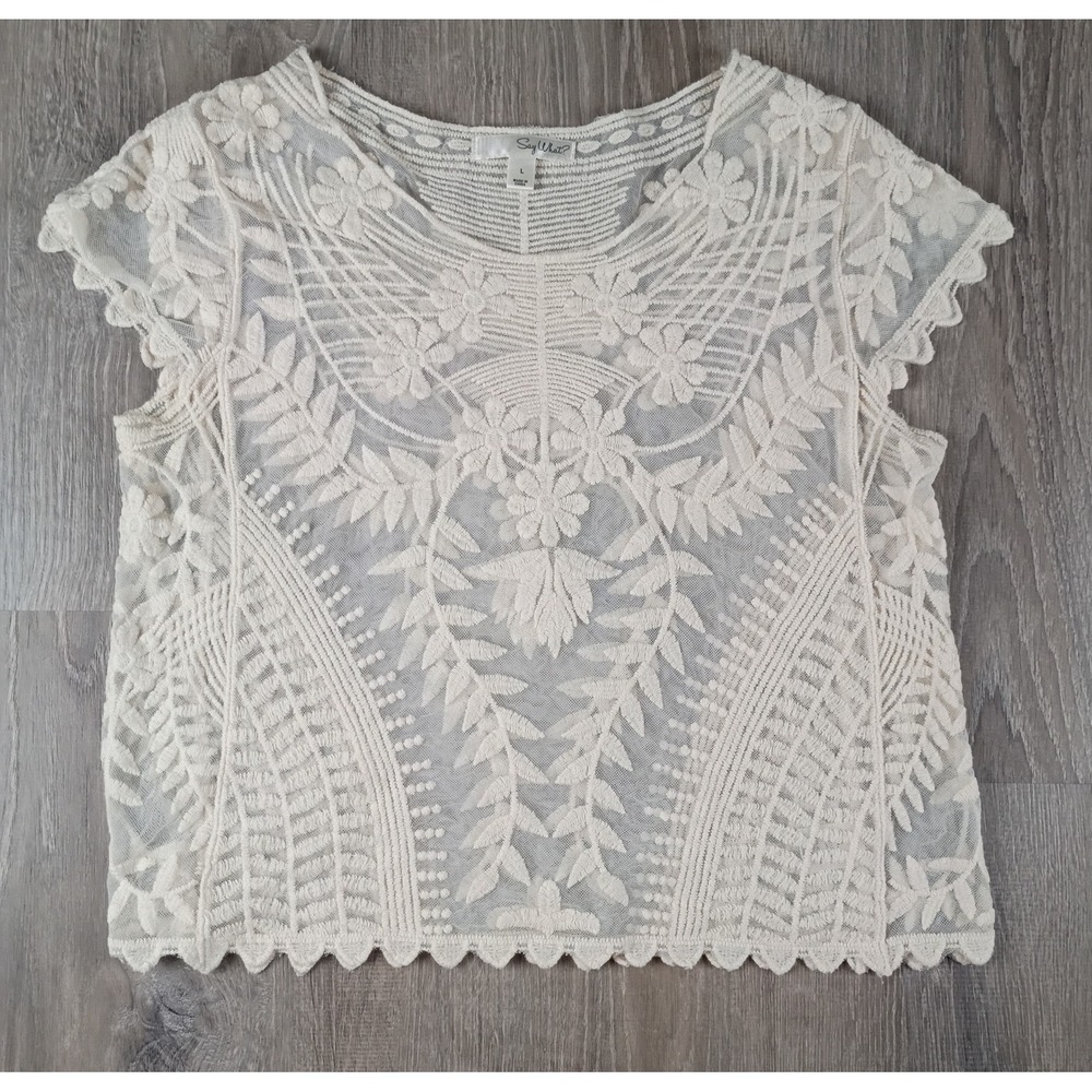 Say What L Lace White Cap Sleeve Bohemian Boho Top Blouse Sheer Shirt Blouse